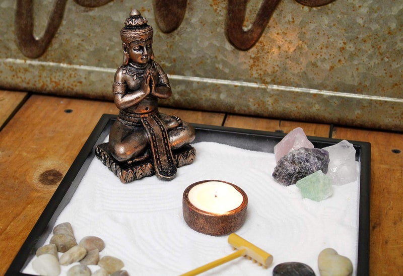 Nature's Mark Mini Zen Garden Kit for Desk with Rake, White Sand, Buddha Figures, Tea-Light Holder Black Square Base, River Rocks and Crystal (9Lx9W B) - Image 5