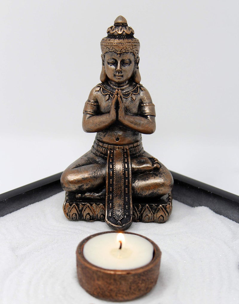 Nature's Mark Mini Zen Garden Kit for Desk with Rake, White Sand, Buddha Figures, Tea-Light Holder Black Square Base, River Rocks and Crystal (9Lx9W B) - Image 2