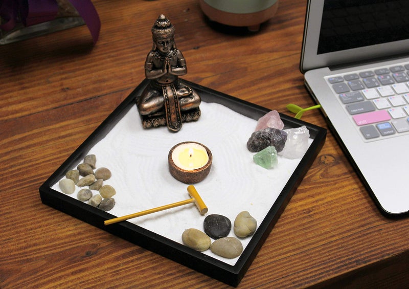 Nature's Mark Mini Zen Garden Kit for Desk with Rake, White Sand, Buddha Figures, Tea-Light Holder Black Square Base, River Rocks and Crystal (9Lx9W B) - Image 4