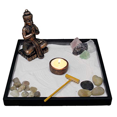 Nature's Mark Mini Zen Garden Kit for Desk with Rake, White Sand, Buddha Figures, Tea-Light Holder Black Square Base, River Rocks and Crystal (9Lx9W B) - Image 1