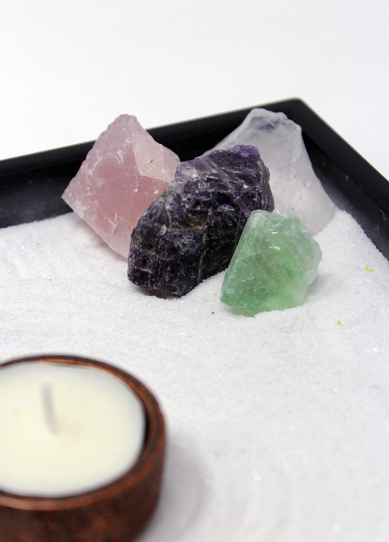 Nature's Mark Mini Zen Garden Kit for Desk with Rake, White Sand, Buddha Figures, Tea-Light Holder Black Square Base, River Rocks and Crystal (9Lx9W B) - Image 3