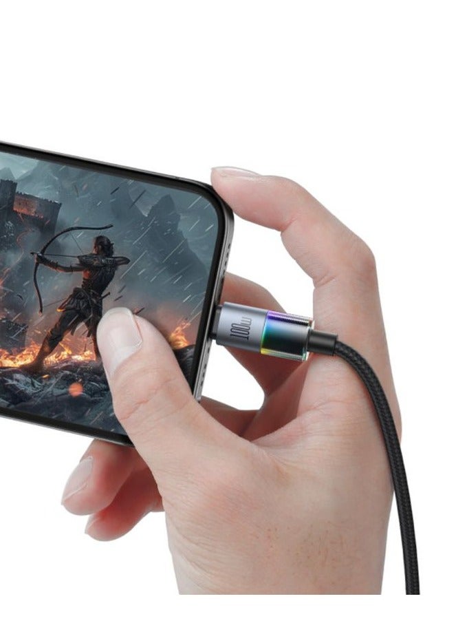 مكدودو كابل شحن سريع CA-8200 - USB-C إلى USB-C 100 واط مع 7 مصابيح ملونة - 1.2 متر - أسود - Image 2