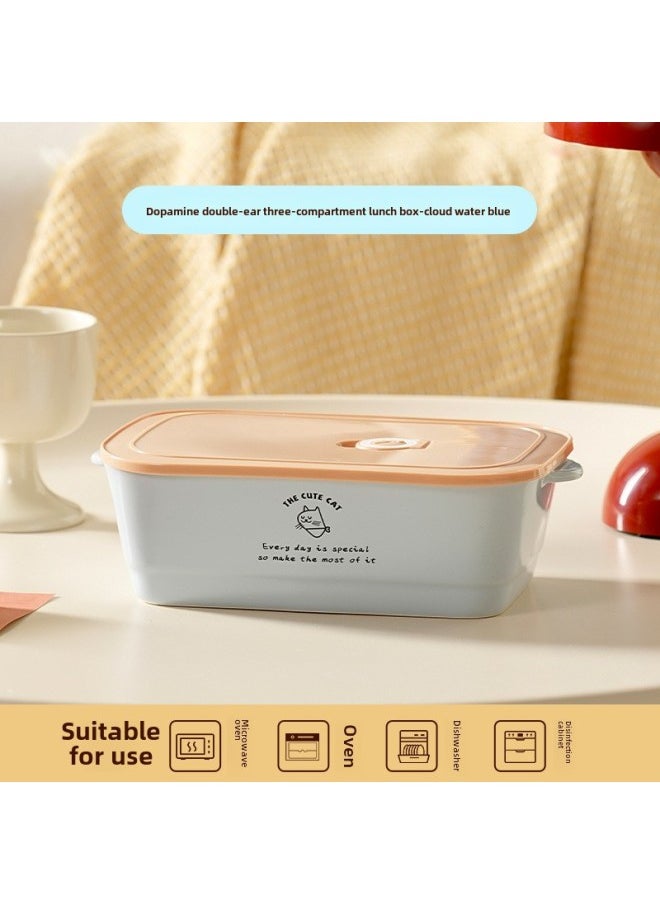 Generic - Dopamine Ceramic Lunch Box Microwave Heating Student Party Office Worker Partition Portable Lid Fresh-keeping Bento Box-Specifications:Dopamine Double-ear Three-compartment Lunch Box-cloud Water Blue - Image 1