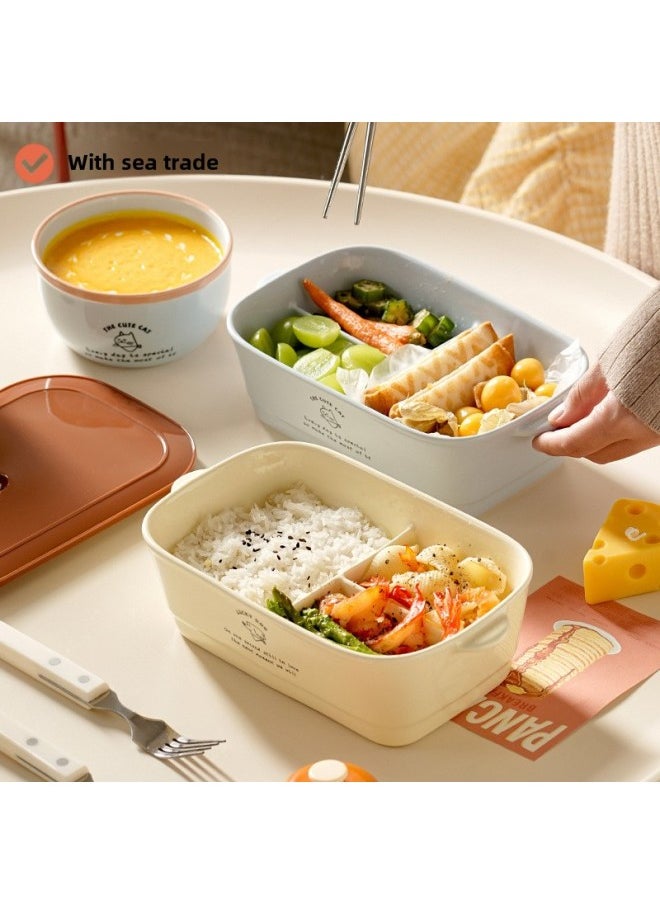Generic - Dopamine Ceramic Lunch Box Microwave Heating Student Party Office Worker Partition Portable Lid Fresh-keeping Bento Box-Specifications:Dopamine Double-ear Three-compartment Lunch Box-cloud Water Blue - Image 1