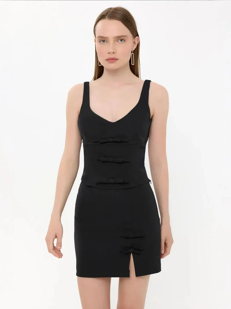 HICCUP High-Waist Woven Mini Skirt with Bow Detail