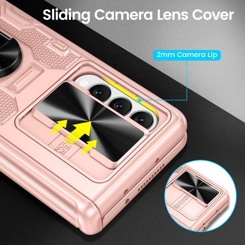 VEGO for Samsung Galaxy Z Fold 3 Case with Stand, Slide Camera Cover & Screen Protector & 360°Ring Magnetic Kickstand Military Grade Heavy Duty Protective Case for Galaxy Z Fold 3- Rose Gold - Image 3