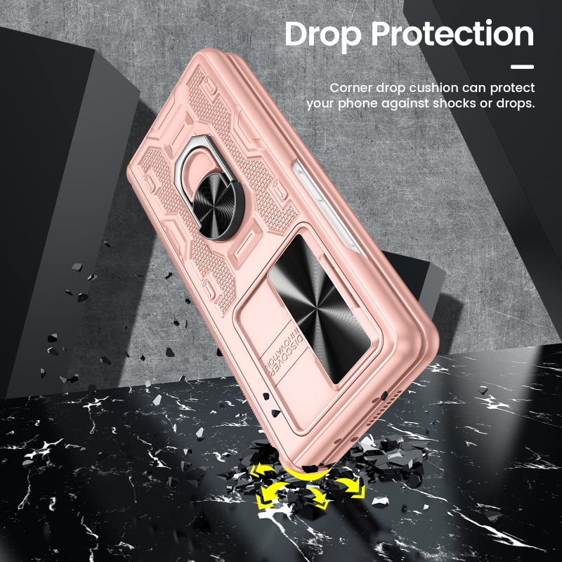 VEGO for Samsung Galaxy Z Fold 3 Case with Stand, Slide Camera Cover & Screen Protector & 360°Ring Magnetic Kickstand Military Grade Heavy Duty Protective Case for Galaxy Z Fold 3- Rose Gold - Image 5
