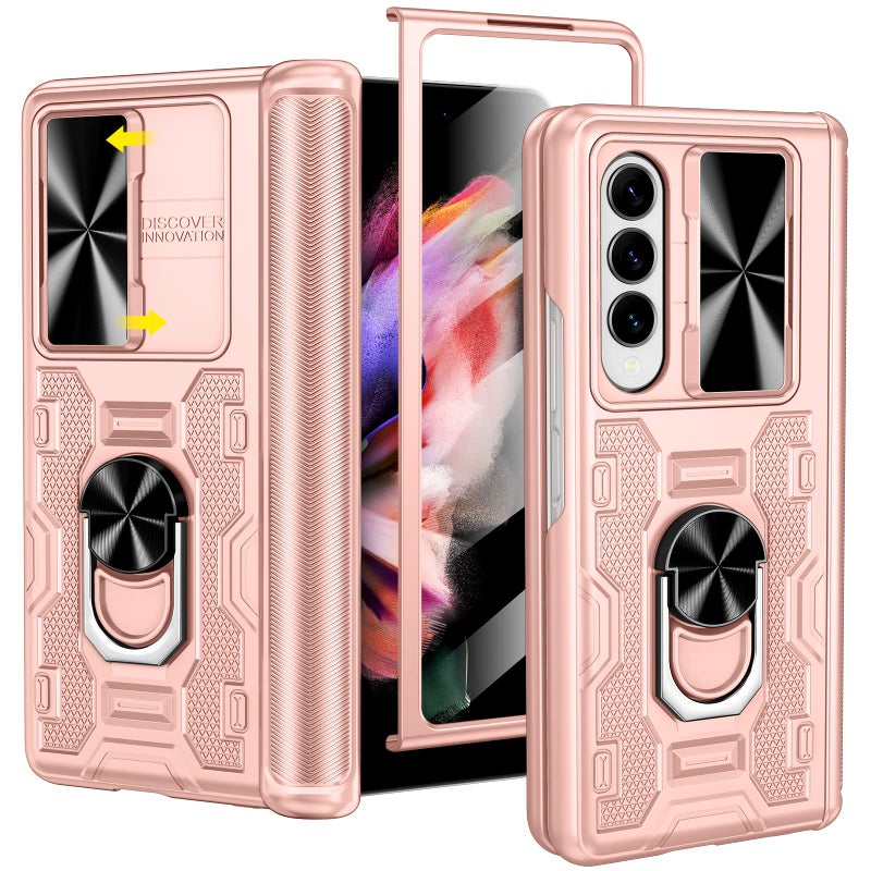 VEGO for Samsung Galaxy Z Fold 3 Case with Stand, Slide Camera Cover & Screen Protector & 360°Ring Magnetic Kickstand Military Grade Heavy Duty Protective Case for Galaxy Z Fold 3- Rose Gold - Image 1