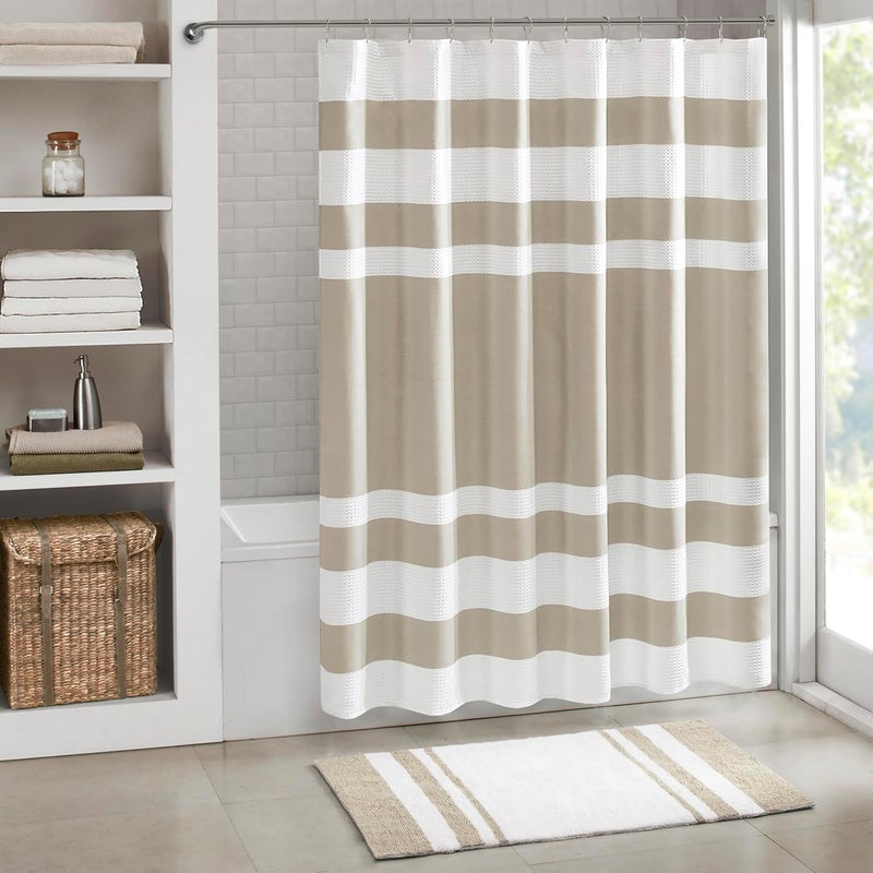 madison park Shower Curtain Waffle Weave Striped Pieced Design Fabric Shower Curtain for Bathroom with 3M Scotchgard Moisture Management Premium Spa Quality Modern Standard 72"x72" Taupe - Image 1