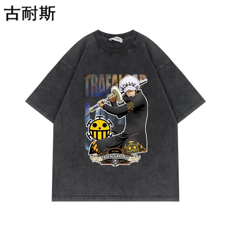 Washed Old Short-sleeved T-shirt Men's and Women's Summer Fashion Brand American Style Retro Couple's T-shirt Top for - Image 1