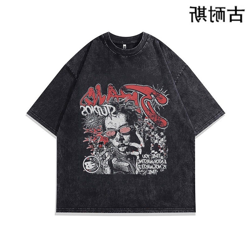 Washed Old Short-sleeved T-shirt Men's and Women's Summer Fashion Brand American Style Retro Couple's T-shirt Top for - Image 4
