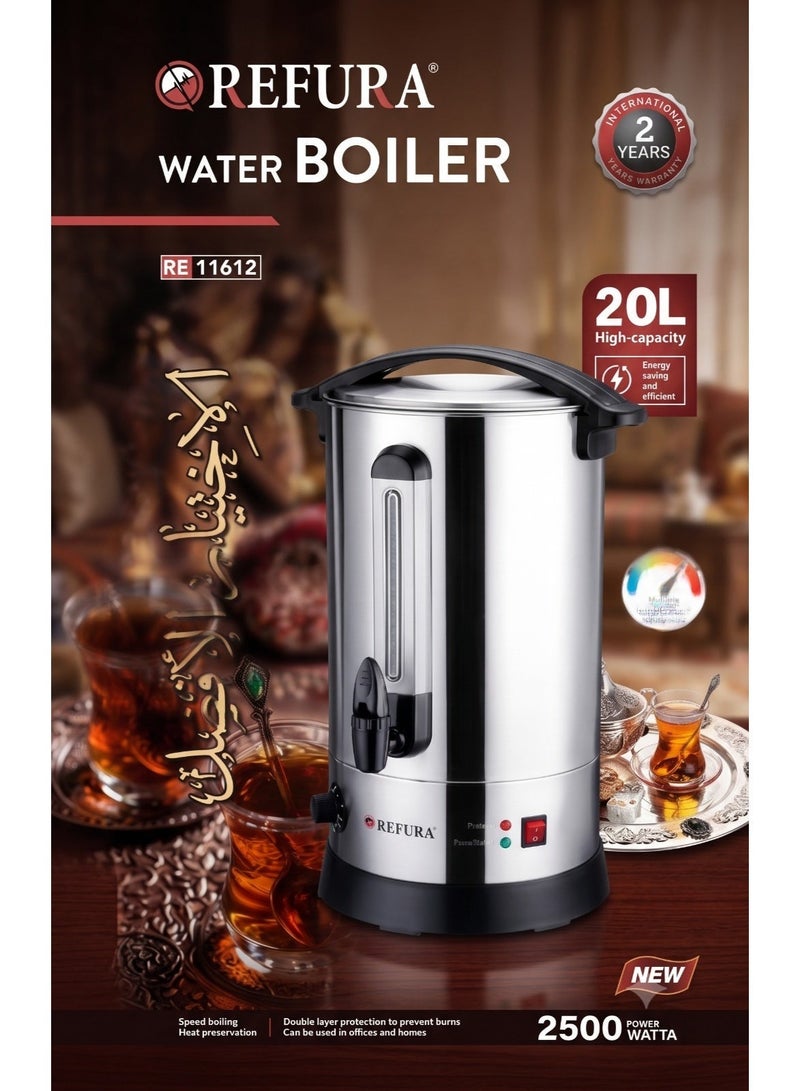 REFURA Water Urn Boiler 20L | 2500W | Makes Up to 80 Cups | Stainless Steel | Lockable Lid | External Water Gauge | Cool-Touch Handles | Silver | RE-11612 - Image 2