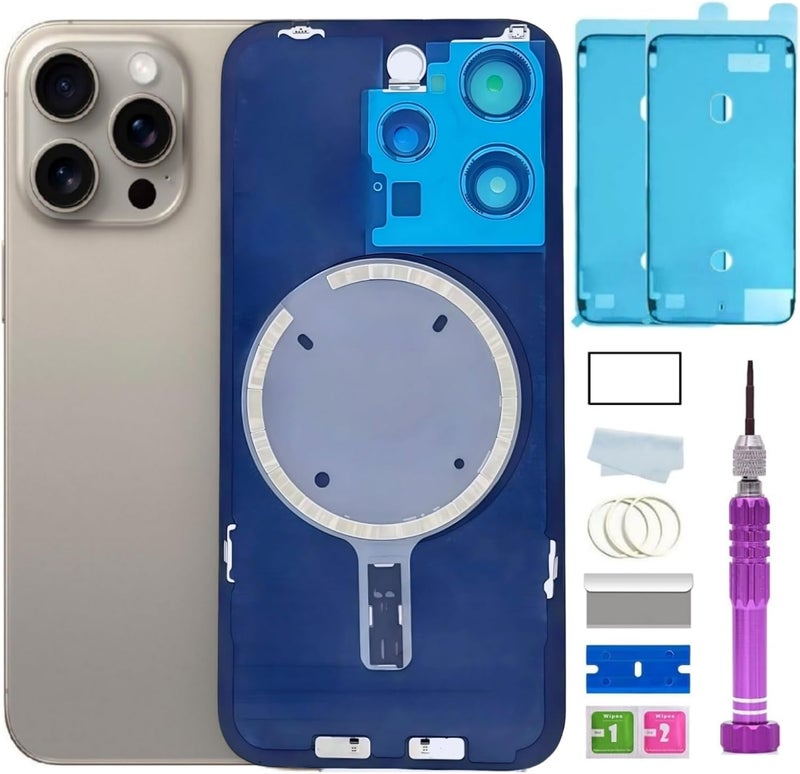 ZVB 15 Pro Back Glass Replacement for iPhone 15 Pro Back Glass (6.1 Inches) with Pre-Installed Plate + Camera Frame + Lens + Reparing Tools (Natural Titanium) - Image 1
