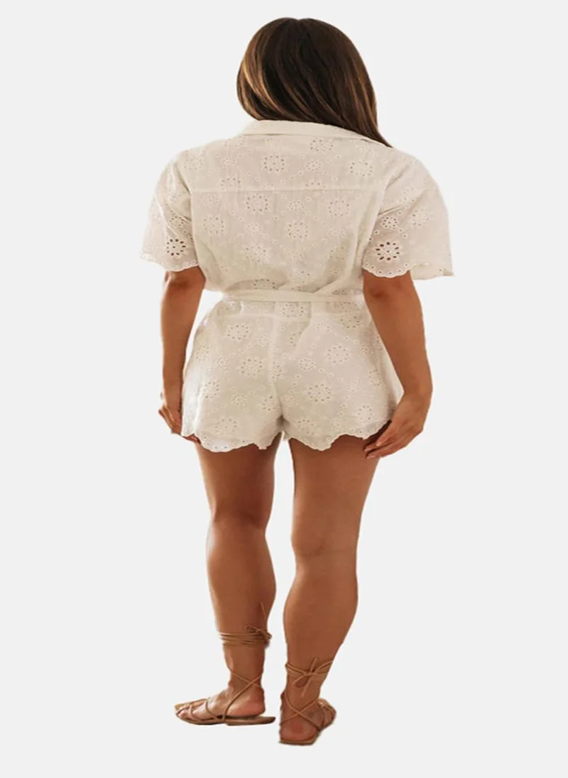 YUNIQEE White Self Design Short Sleeves Playsuit