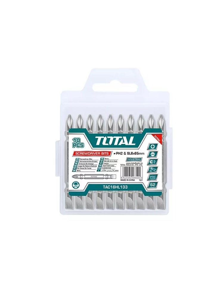 TOTAL - TOTAL Screwdriver Bits 10 Pcs 65mm PH2 SL6 TAC16HL133 - Image 1