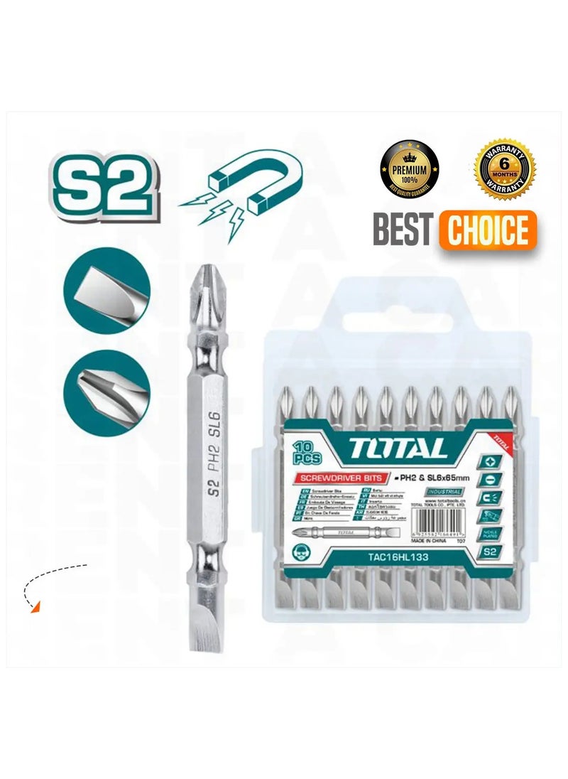 TOTAL - TOTAL Screwdriver Bits 10 Pcs 65mm PH2 SL6 TAC16HL133 - Image 1