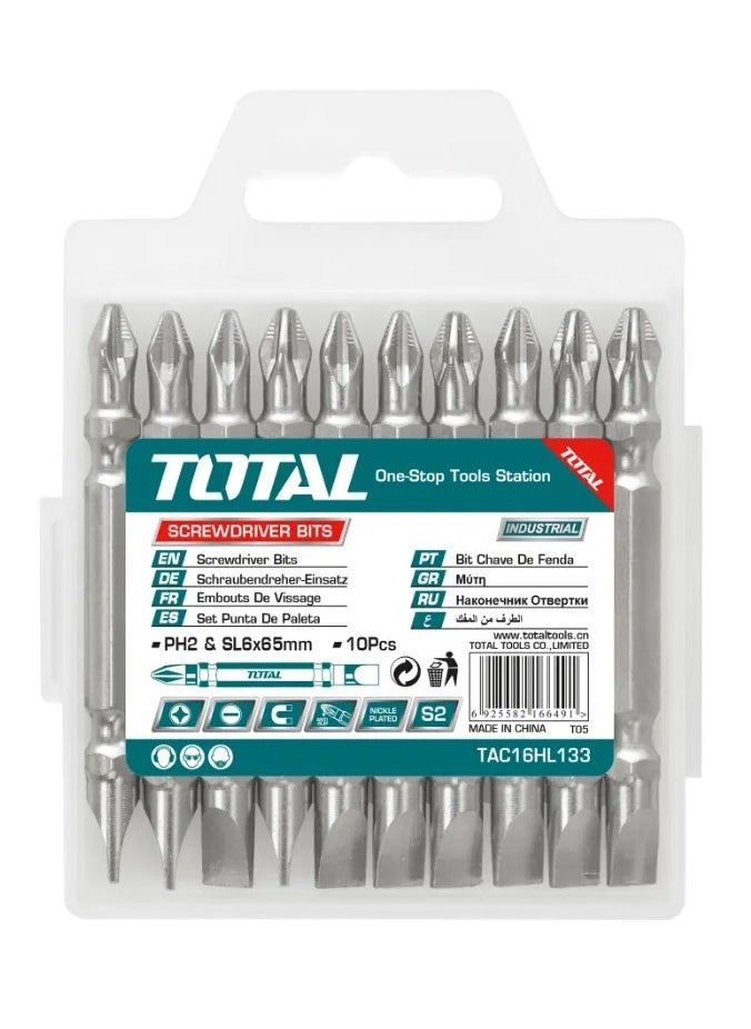 TOTAL - TOTAL Screwdriver Bits 10 Pcs 65mm PH2 SL6 TAC16HL133 - Image 1