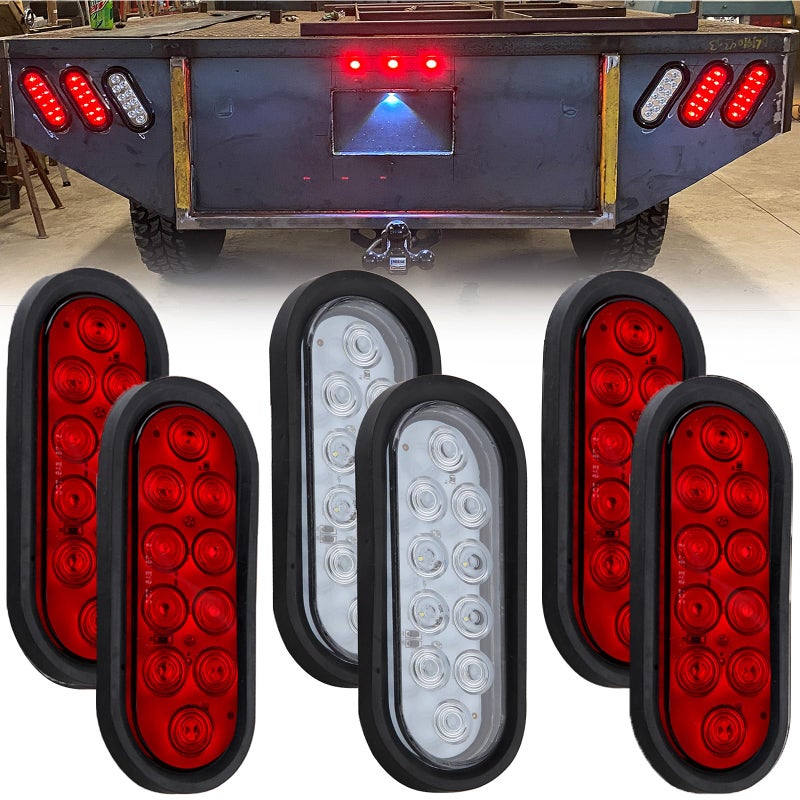 6 قطع 6 بوصة مصابيح خلفية LED بيضاوية للمقطورة 10 LED 4 حمراء و 2 بيضاء 6 مصابيح LED بيضاوية للتوقف والإشارة والفرامل والرجوع مع تركيبات مطاطية مقاومة للماء للمركبات RV والشاحنات والحافلات 12 فولت