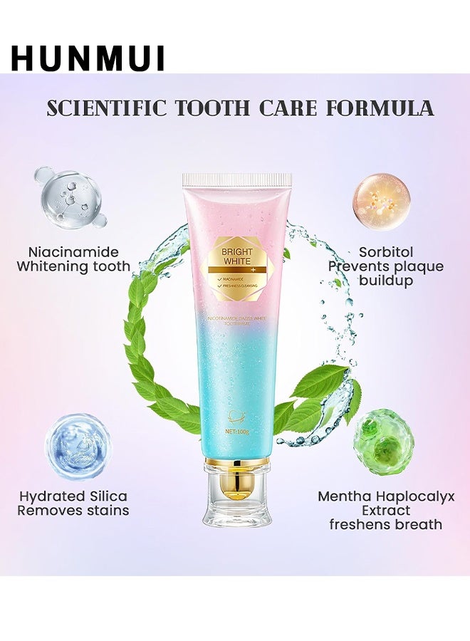 HUNMUI Niacinamide Whitening Toothpaste, Dazzling White Toothpaste Fresh Breath Niacinamide, Niacinamide Intensive White Toothpastes, Nicotinamide White Toothpastes, Deep Cleaning Care, Fresh Breath Remove Tooth Stains, 100G - Image 2