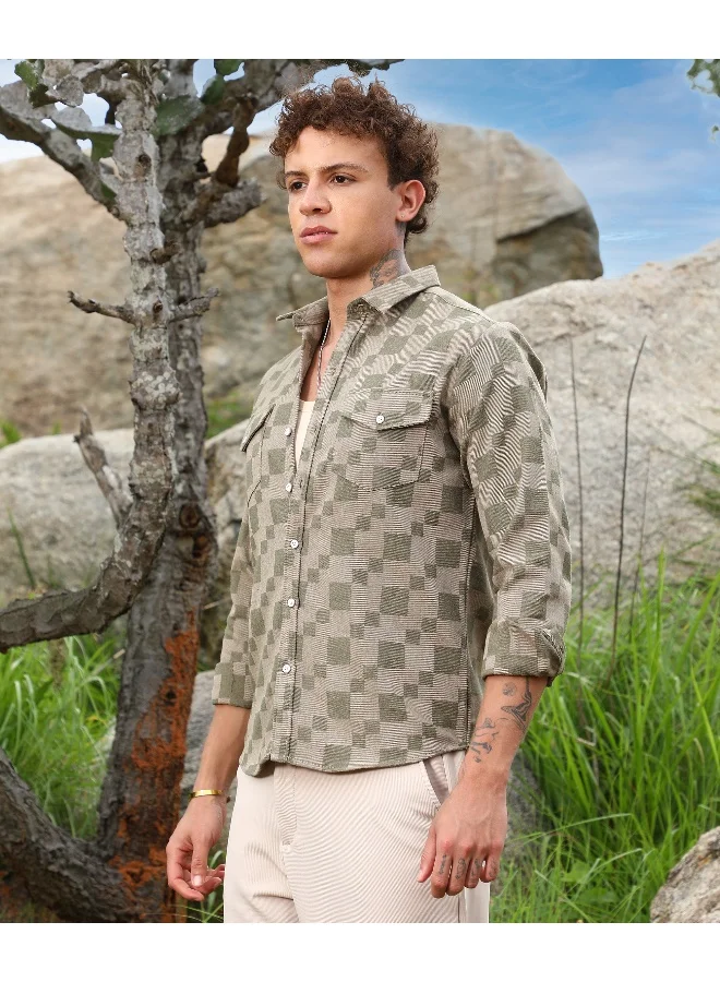 Campus Sutra Men's Sage Green Cubic Utility Shirt For Casual Wear | Spread Collar | Long Sleeve | Button Closure | Shirt Crafted With Comfort Fit For Everyday Wear