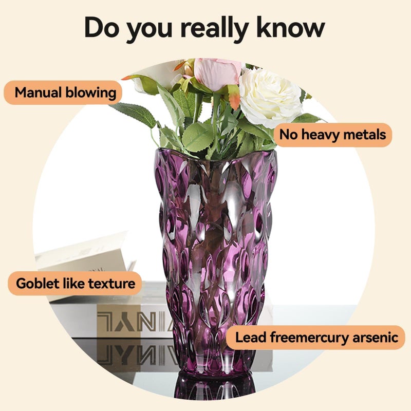 CEMABT 9.5inch 3.4 lb Glass Vases for Flowers Unbreakable Thickened Morden vase for Tables Centerpieces,Colorful,Vintage and Clear Rose Large Flower vases for Bouquet Unique Giftsï¼ˆPurpleï¼‰ - Image 3