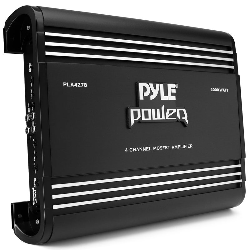 مضخم صوت السيارة Pyle 2000W 4Channel قابل للجسر MOSFET تحكم في تعزيز الصوت التحكم في الترددات المدعومة مدخلات ومخرجات RCA مطلية بالفضة حماية من الدوائر القصيرة تصميم مدمج PLA4278