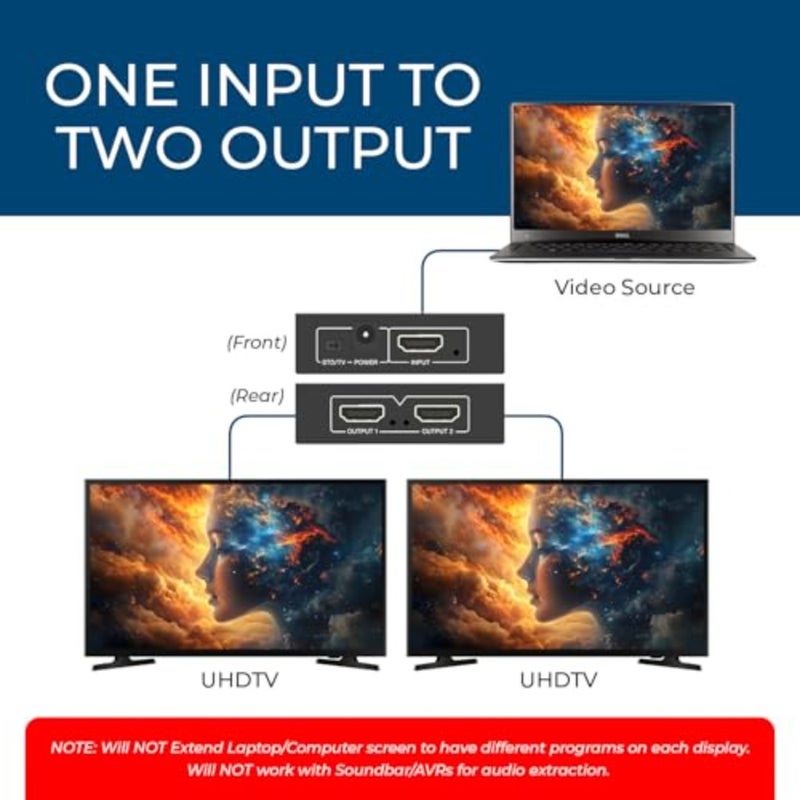 UltraHD 4K @ 60 هرتز 1 × 2 HDMI Splitter 1 in 2 Out 2 Port 2: 8 بت - HDMI 2.0، HDCP 2.0، 18 جيجابت في الثانية، EDID، شاشات مكررة/مرآة 4K - UHDS-102 - Image 4