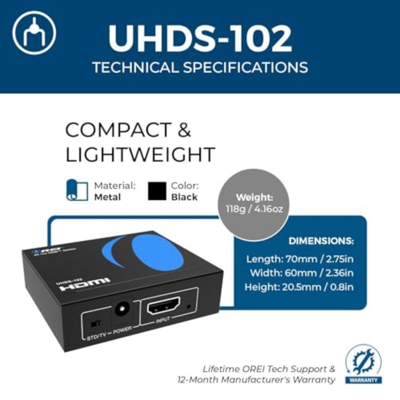 UltraHD 4K @ 60 هرتز 1 × 2 HDMI Splitter 1 in 2 Out 2 Port 2: 8 بت - HDMI 2.0، HDCP 2.0، 18 جيجابت في الثانية، EDID، شاشات مكررة/مرآة 4K - UHDS-102 - Image 5
