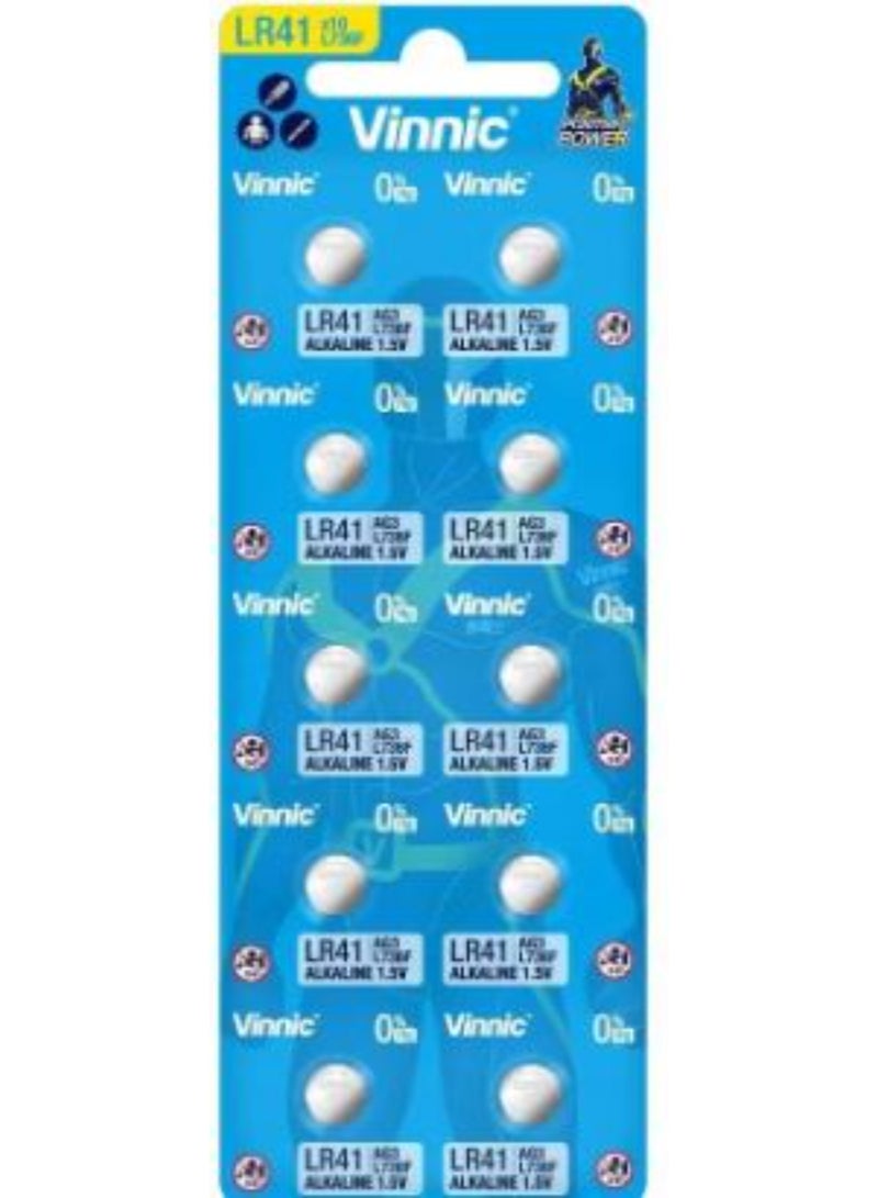 10-Pieces Vinnic AG3 (L736F) (LR41) Alkaline 0%Hg 1.5V Batteries