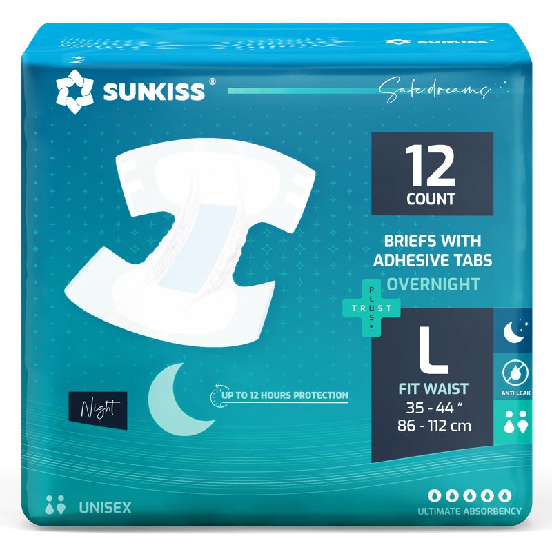 SUNKISS TrustPlus Overnight Adult Diapers with Tabs, Unisex Disposable Incontinence Briefs for Men and Women, Odor Control, Large, 12 Count - Image 1