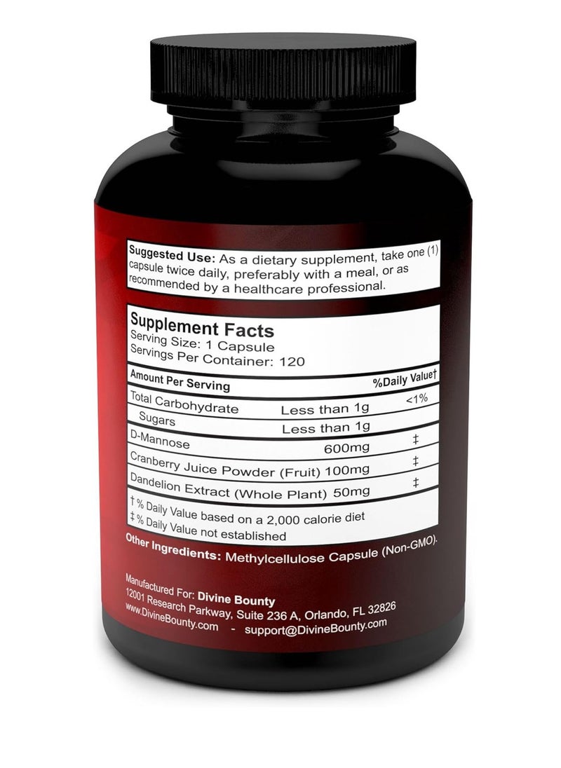 D Mannose With Cranberry And Dandelion Extract 600Mg 120 Caps
