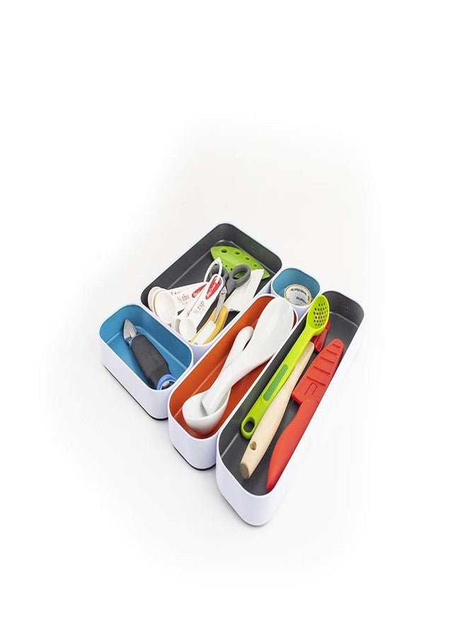Three by Three Seattle 5 Piece Metal Organizer Tray Set for Storing Makeup, Stationery, Utensils, and More in Office Desk, Kitchen and Bathroom Drawers (1 Inch, Gray, Sky Blue, Orange) - Image 4