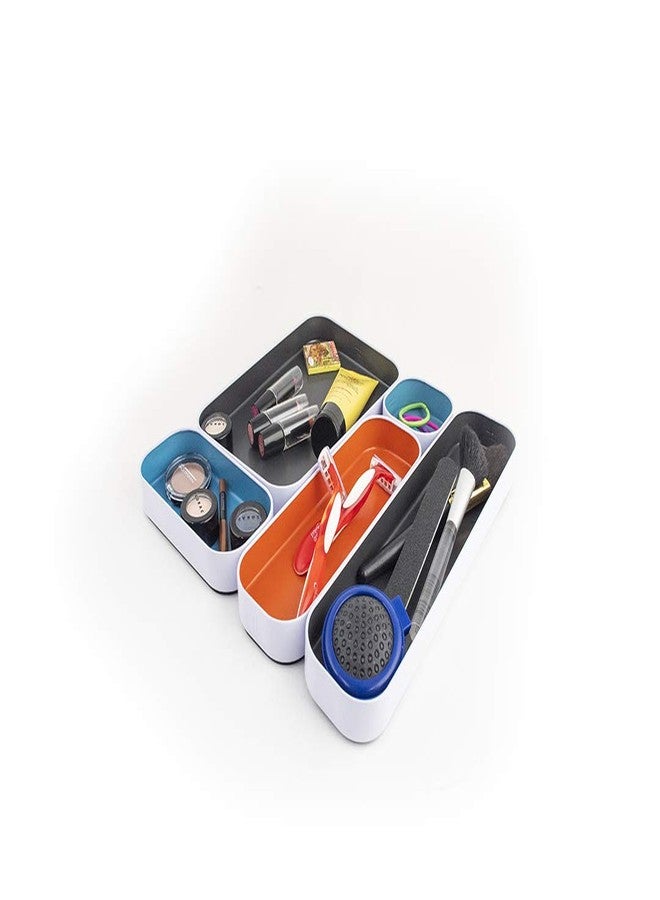 Three by Three Seattle 5 Piece Metal Organizer Tray Set for Storing Makeup, Stationery, Utensils, and More in Office Desk, Kitchen and Bathroom Drawers (1 Inch, Gray, Sky Blue, Orange) - Image 3