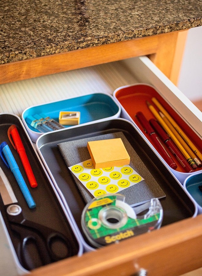 Three by Three Seattle 5 Piece Metal Organizer Tray Set for Storing Makeup, Stationery, Utensils, and More in Office Desk, Kitchen and Bathroom Drawers (1 Inch, Gray, Sky Blue, Orange) - Image 5