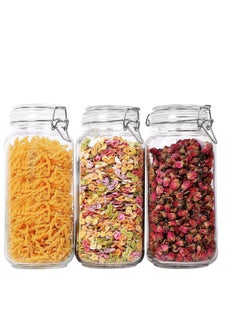 AKDC Glass Canister Set of 3 with Lids 2000ML Food Storage Jar Square - Storage Container with Clear Preserving Seal Wire Clip Fastening for Kitchen Canning Cereal,Pasta,Sugar,Beans,Spice