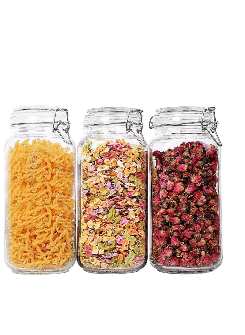 AKDC - AKDC Glass Canister Set of 3 with Lids 2000ML Food Storage Jar Square - Storage Container with Clear Preserving Seal Wire Clip Fastening for Kitchen Canning Cereal,Pasta,Sugar,Beans,Spice - Image 1