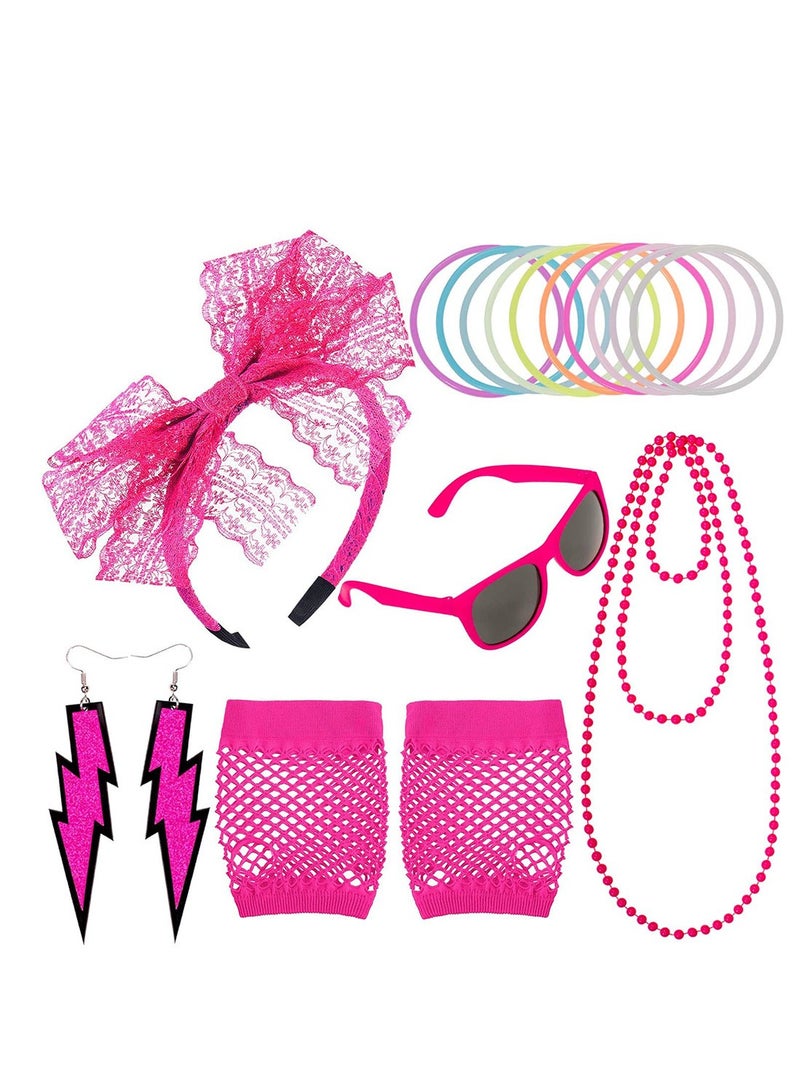 80s Neon Color Bachelorette Party Fingerless Lace Headband Short Fishnet Gloves Retro Sunglasses Set - Image 1