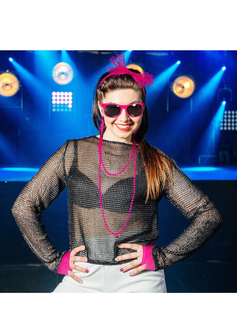 80s Neon Color Bachelorette Party Fingerless Lace Headband Short Fishnet Gloves Retro Sunglasses Set - Image 2