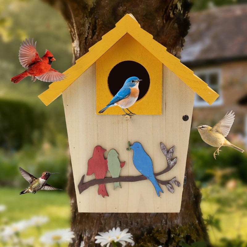 MINWOLF Wooden Bird Houses Bird House for Outside,Yellow Wood Bird House for Outdoors, 1.5" Entrance Hole Bird Houses for Garden Blue Bird Hummingbird Wren Cardinal Swallow Sparrow Finch - Image 1