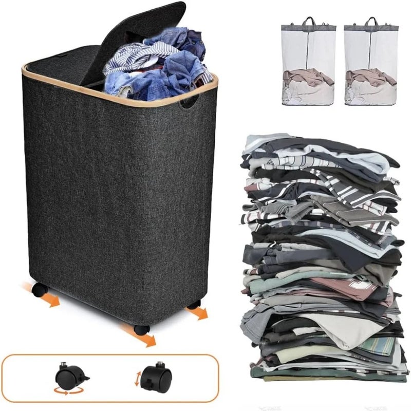 Y&D Large Rolling Laundry Basket Foldable Hamper with Removable Liner & Lid - Wheeled Dirty Clothes Storage - Appliances-Laundry Baskets - Image 3