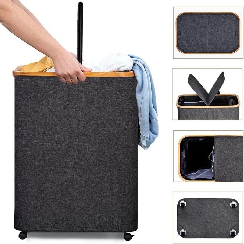 Y&D Large Rolling Laundry Basket Foldable Hamper with Removable Liner & Lid - Wheeled Dirty Clothes Storage - Appliances-Laundry Baskets - Image 4