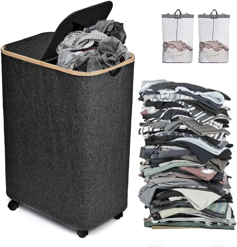 Y&D Large Rolling Laundry Basket Foldable Hamper with Removable Liner & Lid - Wheeled Dirty Clothes Storage - Appliances-Laundry Baskets - Image 2