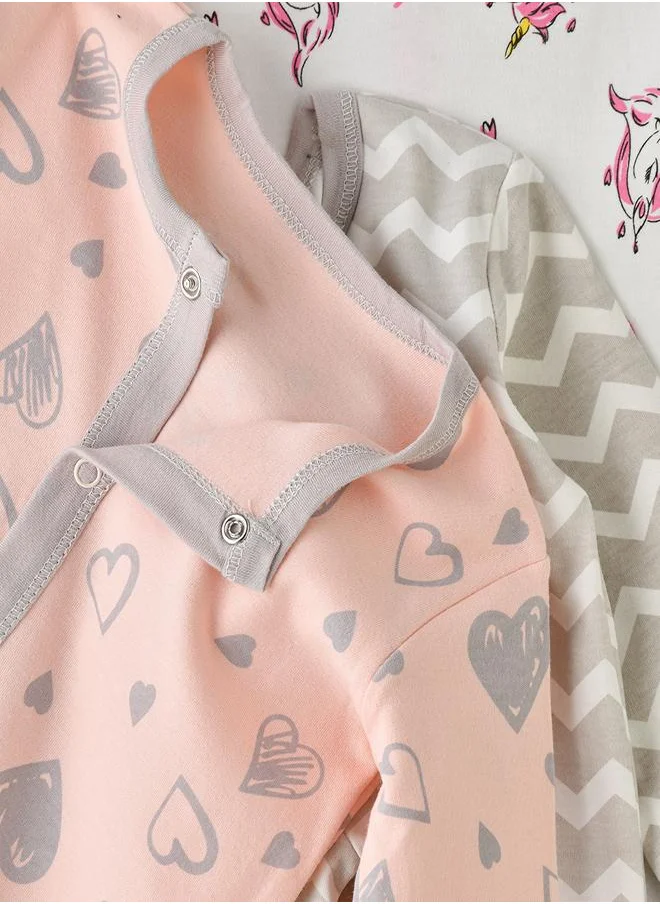 بيبي كلو Heart and Unicorn Print Romper Trio Set of 3