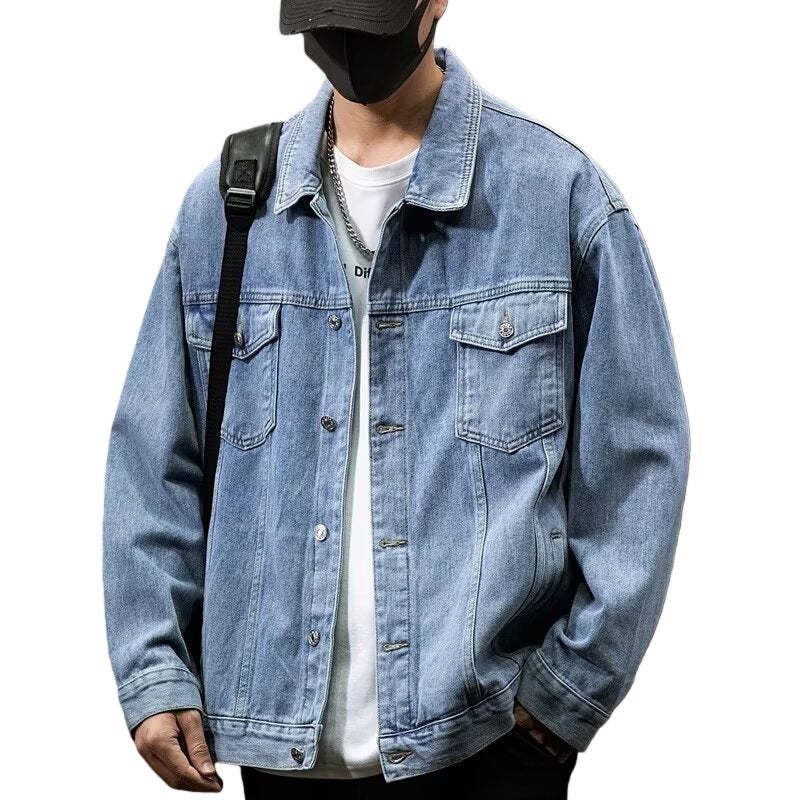 Men's Vintage Washed Denim Jacket, Loose Fit Multi-Pocket Lapel Collar - Image 1