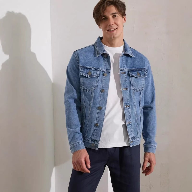Men's Vintage Washed Denim Jacket, Loose Fit Multi-Pocket Lapel Collar - Image 2