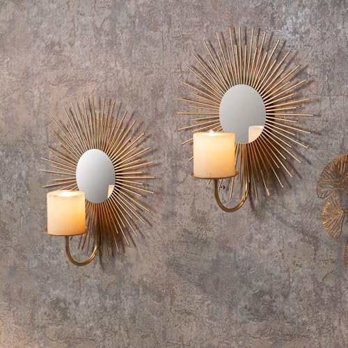 AIM & GGKK Wall Candle Sconce Holder,Set of 2 Mirror Wall Mounted Metal Candle Holder for Home,Living Room, Dining Room,Rustic Farmhouse Boho Decorations - Image 5