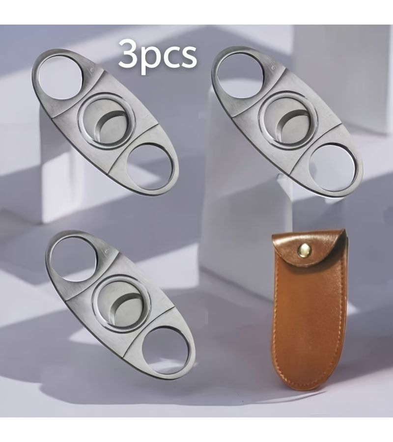 Silvery Golden Cigar Cutter with Double Blade Stainless Steel and Leather Case - Image 1