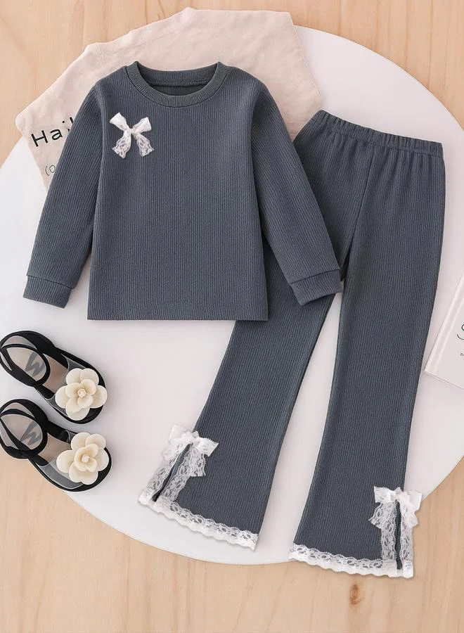 Take Two Textured Round Neck Sweatshirts with Solid Pants Set