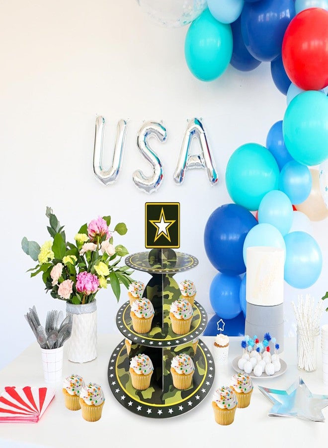 DodelyGz Military Army Camouflage Cupcake Stand,3 Tier Sturdy Cardboard Food Display Cupcakes Tower Holder for Army Themed Party Camo Birthday Party Decor - Image 5