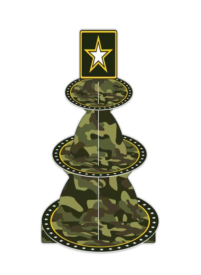 DodelyGz Military Army Camouflage Cupcake Stand,3 Tier Sturdy Cardboard Food Display Cupcakes Tower Holder for Army Themed Party Camo Birthday Party Decor - Image 1